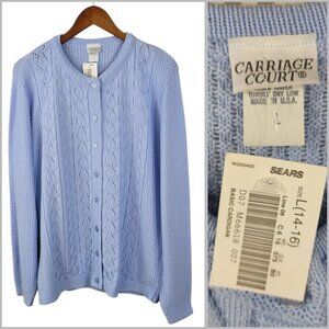 NEW Vintage Granny Cardigan Sweater Large Cable Knit Light Blue Button Up NOS